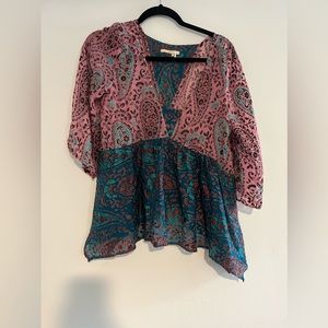 Anthropologie Floreat Womens Blouse Pink Blues Hi Lo  Viscose Silk